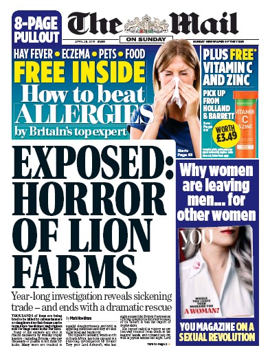 The Mail on Sunday Newspaper Front Page (UK) for 28 April 2019
