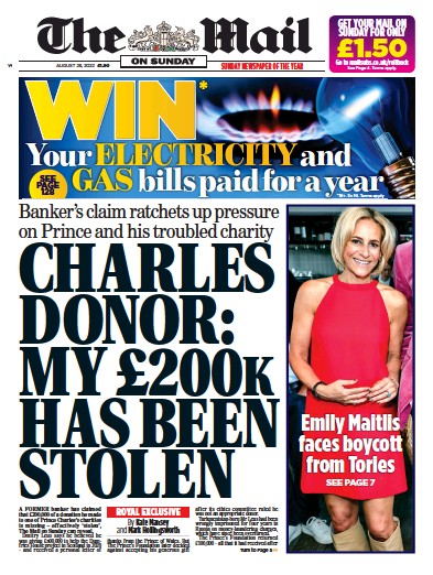The Mail on Sunday Newspaper Front Page (UK) for 28 August 2022
