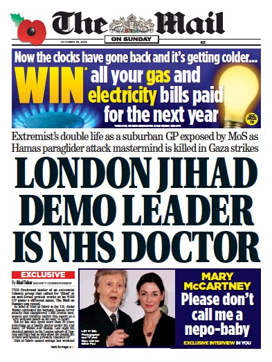 The Mail on Sunday Newspaper Front Page (UK) for 29 October 2023