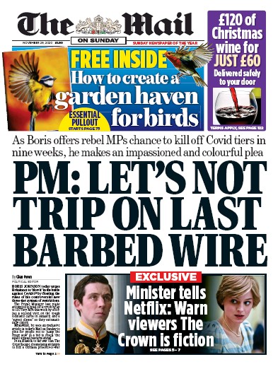 The Mail on Sunday Newspaper Front Page (UK) for 29 November 2020