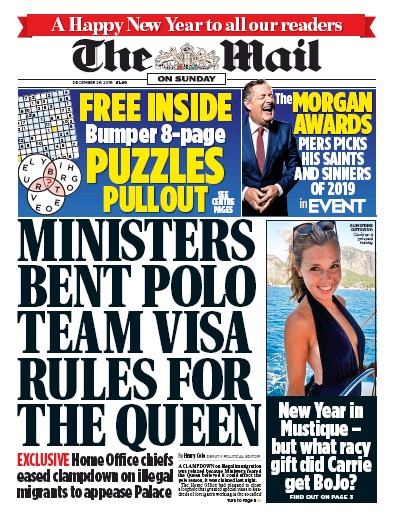 The Mail on Sunday Newspaper Front Page (UK) for 29 December 2019