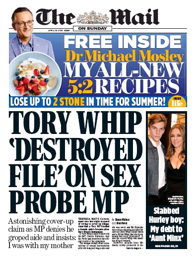 The Mail on Sunday Newspaper Front Page (UK) for 29 April 2018
