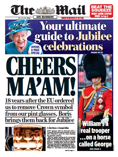 The Mail on Sunday Newspaper Front Page (UK) for 29 May 2022