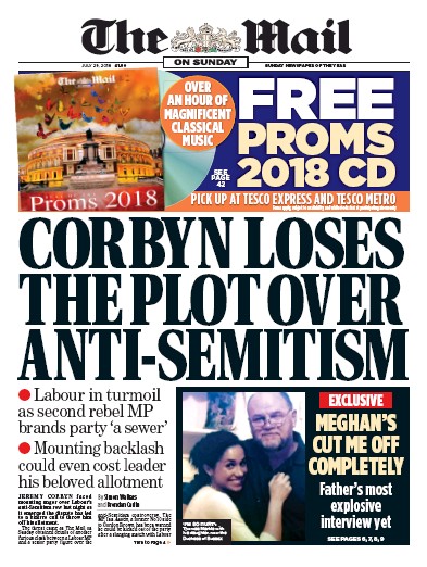 The Mail on Sunday Newspaper Front Page (UK) for 29 July 2018