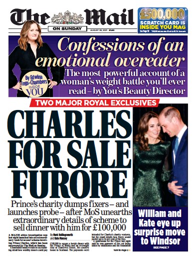 The Mail on Sunday Newspaper Front Page (UK) for 29 August 2021