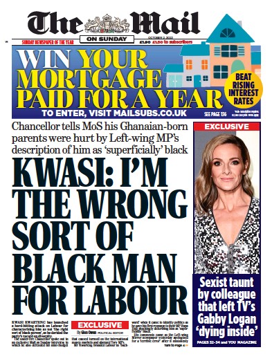 The Mail on Sunday Newspaper Front Page (UK) for 2 October 2022