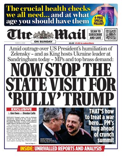 The Mail on Sunday Newspaper Front Page (UK) for 2 March 2025