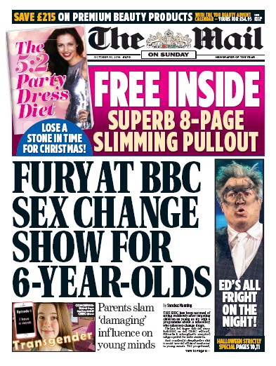 The Mail on Sunday Newspaper Front Page (UK) for 30 October 2016