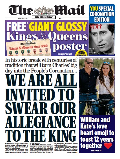 The Mail on Sunday Newspaper Front Page (UK) for 30 April 2023