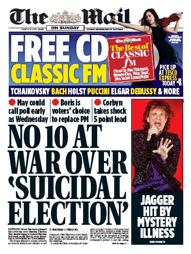 The Mail on Sunday Newspaper Front Page (UK) for 31 March 2019
