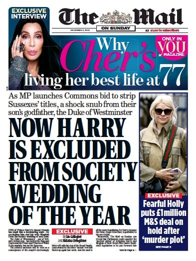 The Mail on Sunday Newspaper Front Page (UK) for 3 December 2023