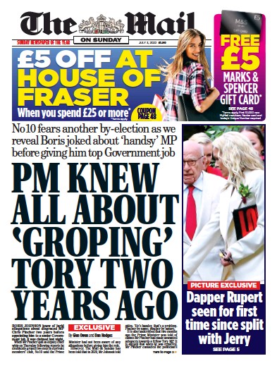 The Mail on Sunday Newspaper Front Page (UK) for 3 July 2022