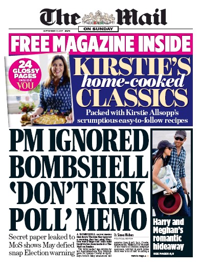 The Mail on Sunday Newspaper Front Page (UK) for 3 September 2017