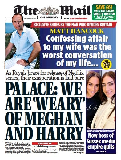 The Mail on Sunday Newspaper Front Page (UK) for 4 December 2022