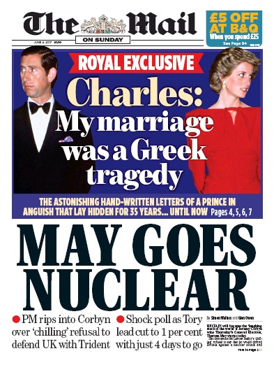 The Mail on Sunday Newspaper Front Page (UK) for 4 June 2017