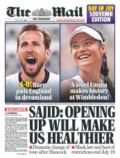 The Mail on Sunday (UK) Newspaper Front Page for 4 July 2021