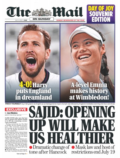 The Mail on Sunday Newspaper Front Page (UK) for 4 July 2021