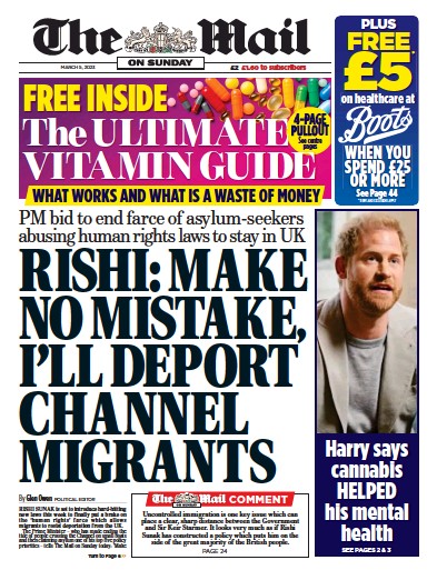The Mail on Sunday Newspaper Front Page (UK) for 5 March 2023