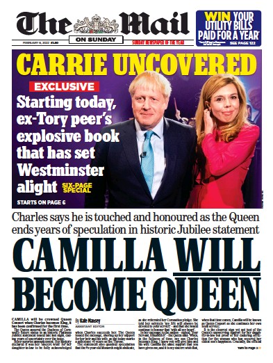 The Mail on Sunday Newspaper Front Page (UK) for 6 February 2022