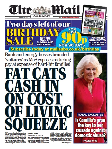 The Mail on Sunday Newspaper Front Page (UK) for 6 August 2023