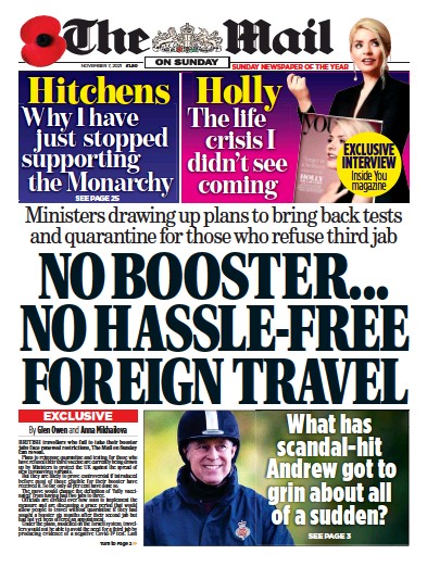 The Mail on Sunday Newspaper Front Page (UK) for 7 November 2021