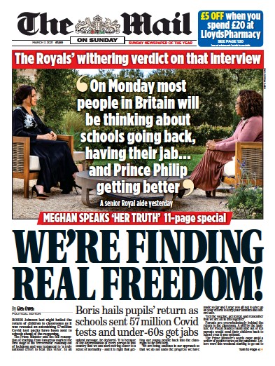 The Mail on Sunday Newspaper Front Page (UK) for 7 March 2021