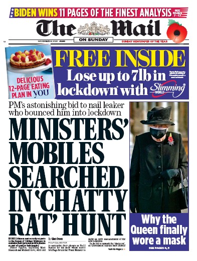 The Mail on Sunday Newspaper Front Page (UK) for 8 November 2020
