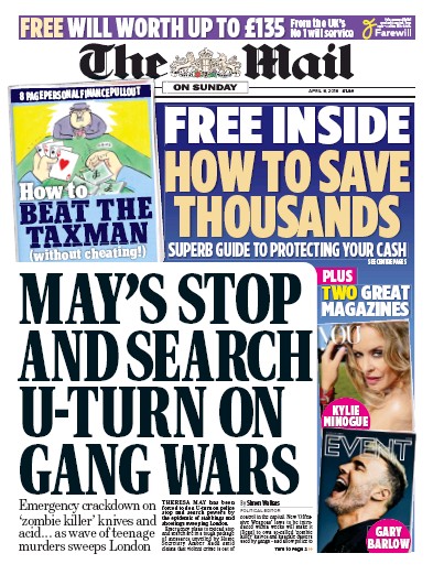 The Mail on Sunday Newspaper Front Page (UK) for 8 April 2018