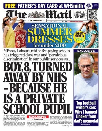 The Mail on Sunday Newspaper Front Page (UK) for 8 June 2025
