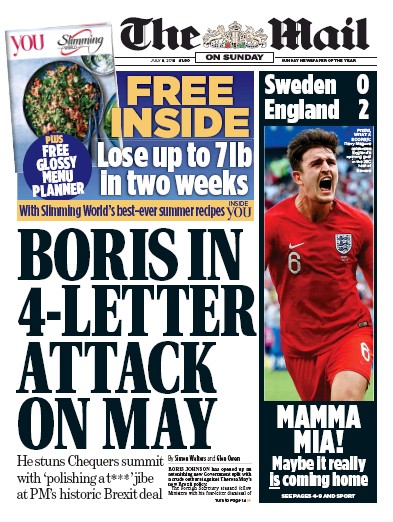 The Mail on Sunday Newspaper Front Page (UK) for 8 July 2018