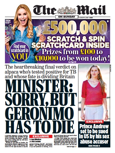 The Mail on Sunday Newspaper Front Page (UK) for 8 August 2021