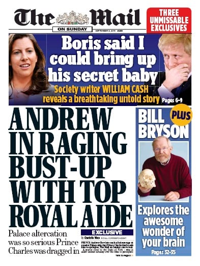 The Mail on Sunday Newspaper Front Page (UK) for 8 September 2019