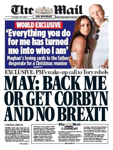 The Mail on Sunday Newspaper Front Page (UK) for 9 December 2018