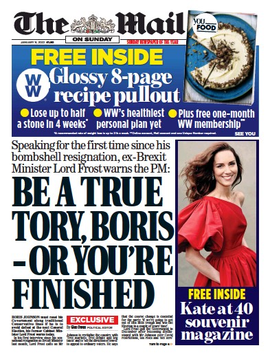 The Mail on Sunday Newspaper Front Page (UK) for 9 January 2022