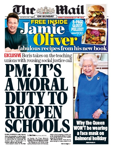 The Mail on Sunday Newspaper Front Page (UK) for 9 August 2020