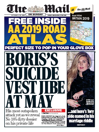 The Mail on Sunday Newspaper Front Page (UK) for 9 September 2018