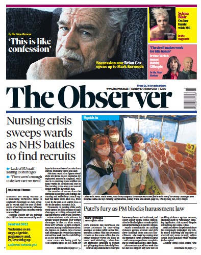 The Observer Newspaper Front Page (UK) for 10 October 2021