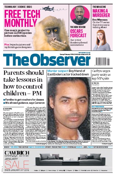 The Observer Newspaper Front Page (UK) for 10 January 2016