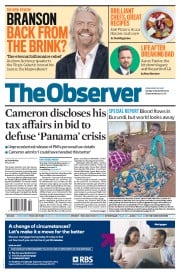 The Observer (UK) Newspaper Front Page for 10 April 2016