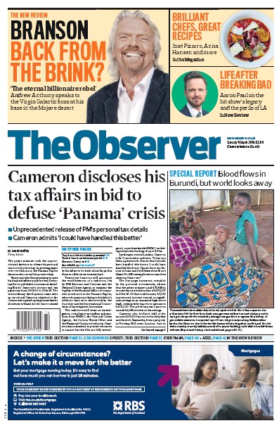 The Observer Newspaper Front Page (UK) for 10 April 2016