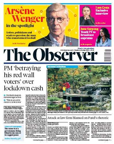 The Observer Newspaper Front Page (UK) for 11 October 2020