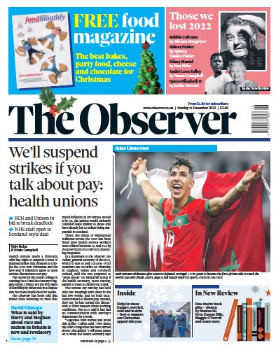 The Observer Newspaper Front Page (UK) for 11 December 2022