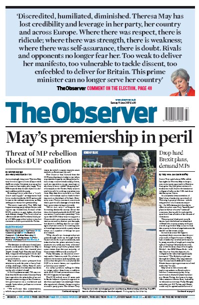 The Observer Newspaper Front Page (UK) for 11 June 2017