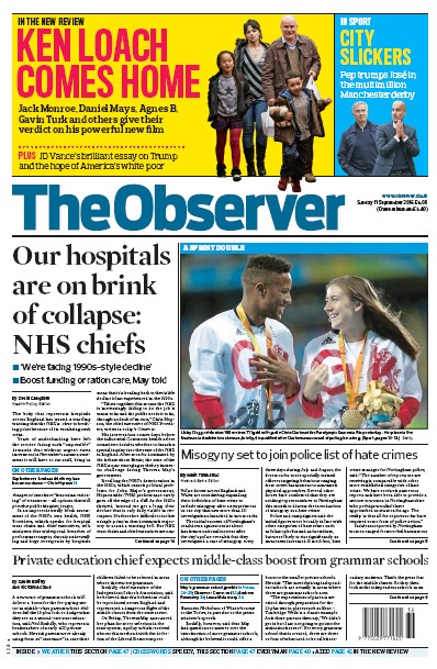 The Observer Newspaper Front Page (UK) for 11 September 2016