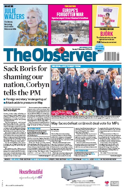The Observer Newspaper Front Page (UK) for 12 November 2017