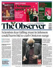 The Observer front page for 12 December 2021