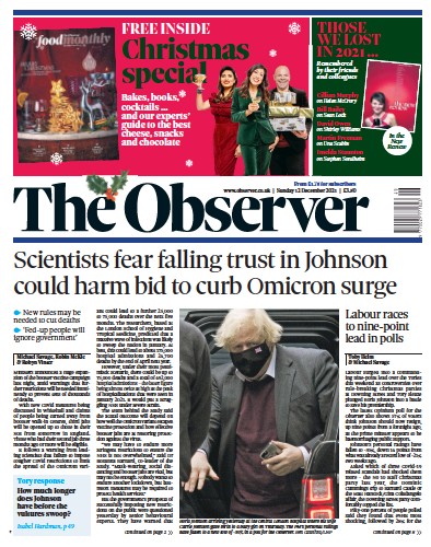 The Observer Newspaper Front Page (UK) for 12 December 2021