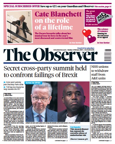 The Observer Newspaper Front Page (UK) for 12 February 2023