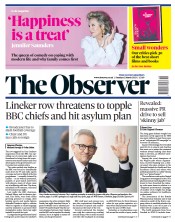 The Observer front page for 12 March 2023