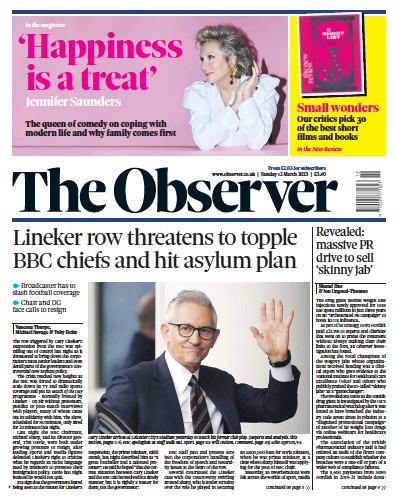 The Observer Newspaper Front Page (UK) for 12 March 2023